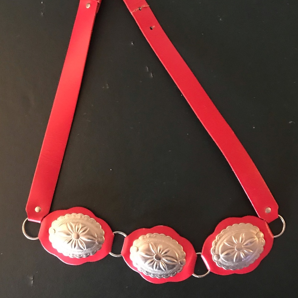 Vintage Red leather concho belt! Biker, Boho, HOT!